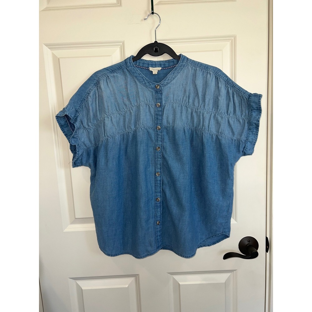 Pilcro Anthropologie Short Sleeve Smocked Button Down Cotton Top Size Large